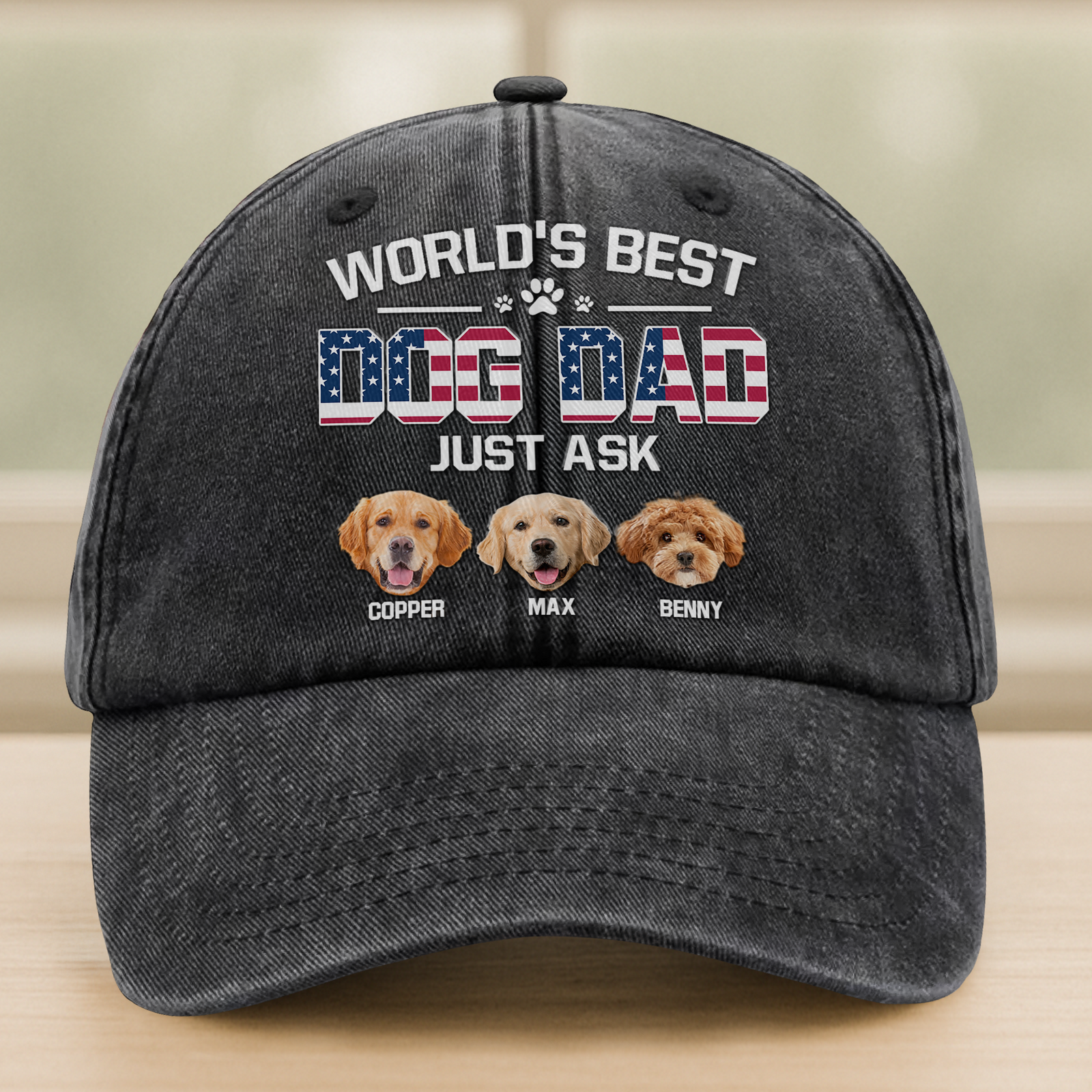Custom Photo American Best Dog Dad Washed Denim Baseball Cap HA75 892498