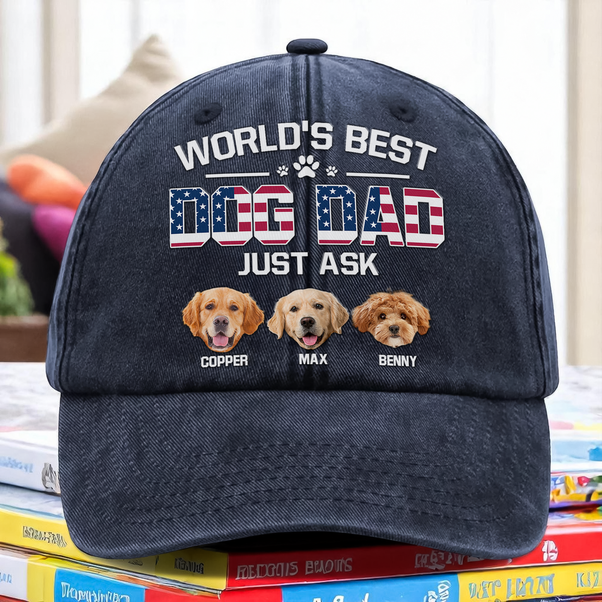 Custom Photo American Best Dog Dad Washed Denim Baseball Cap HA75 892498