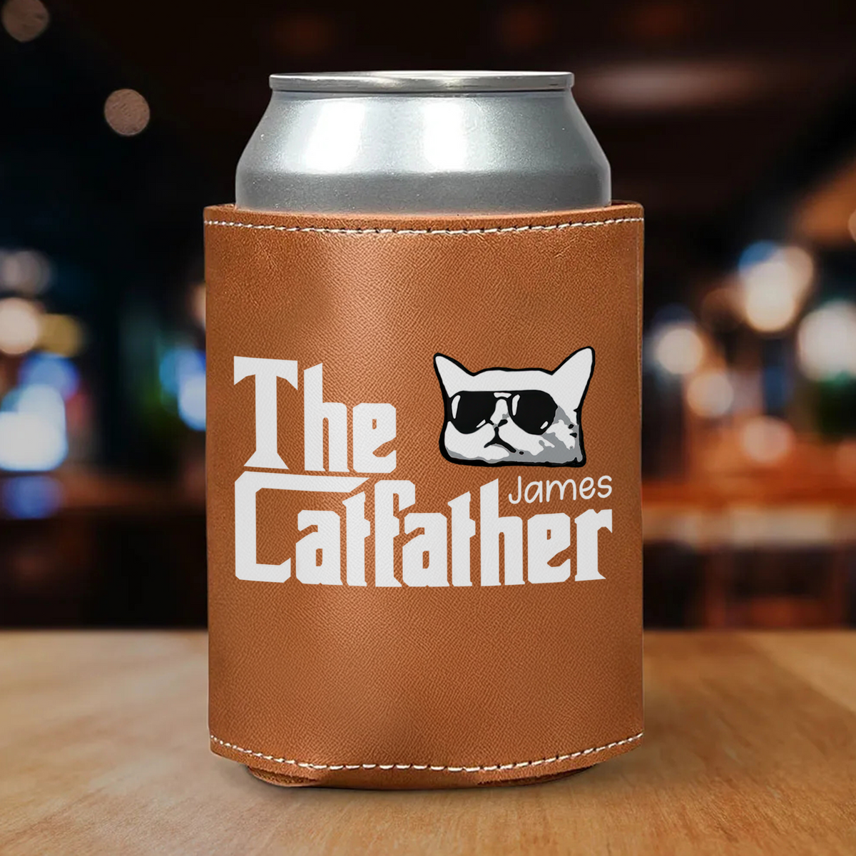 Personalized The Catfather Leather Can Cooler Holder Gift For Cat Dad HO82 894094