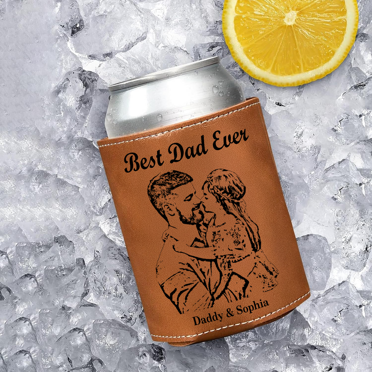 Custom Pencil Drawing Photo Best Dad Ever Leather Can Cooler Holder LM32 893667