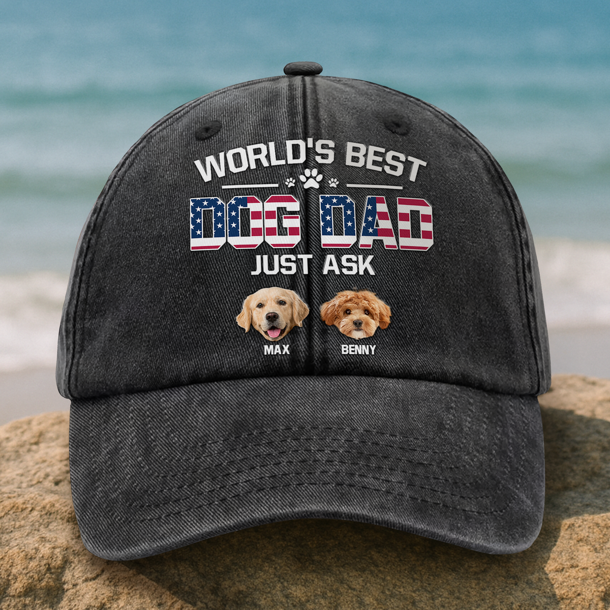 Custom Photo American Best Dog Dad Washed Denim Baseball Cap HA75 892498