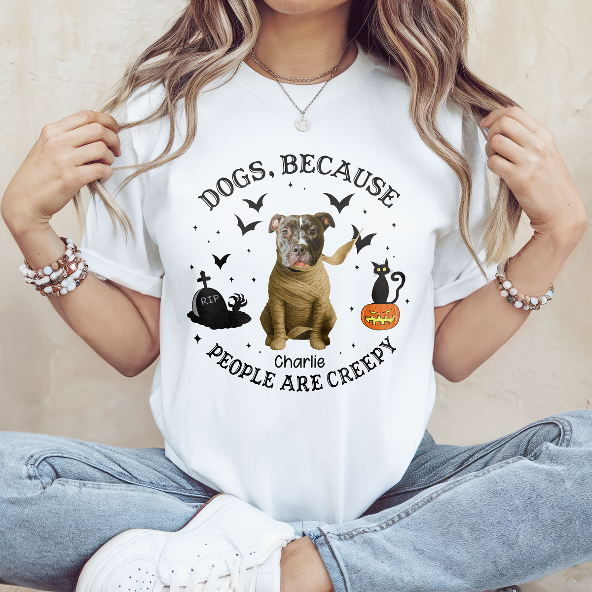 Custom Photo Because People Are Creepy Halloween Ghost Dog Shirt HA75 897630