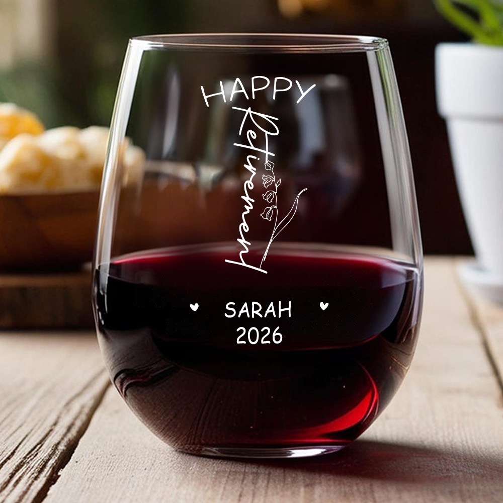 Personalized Name Birth Month Flower Wine Glass - Happy Retirement Gift LM32 668921