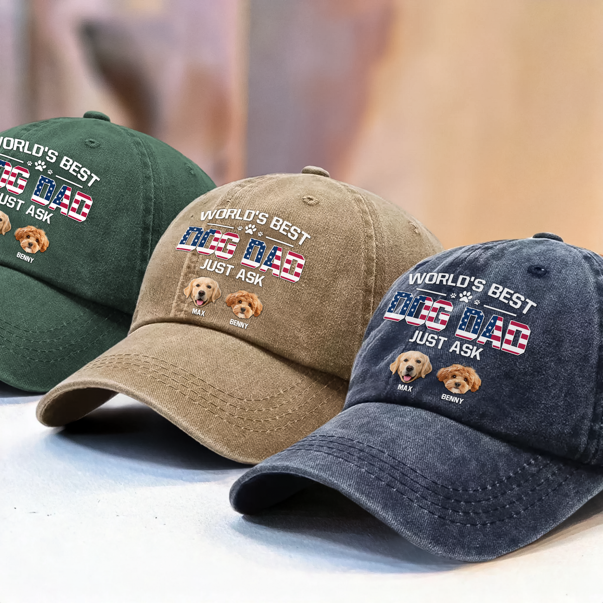 Custom Photo American Best Dog Dad Washed Denim Baseball Cap HA75 892498