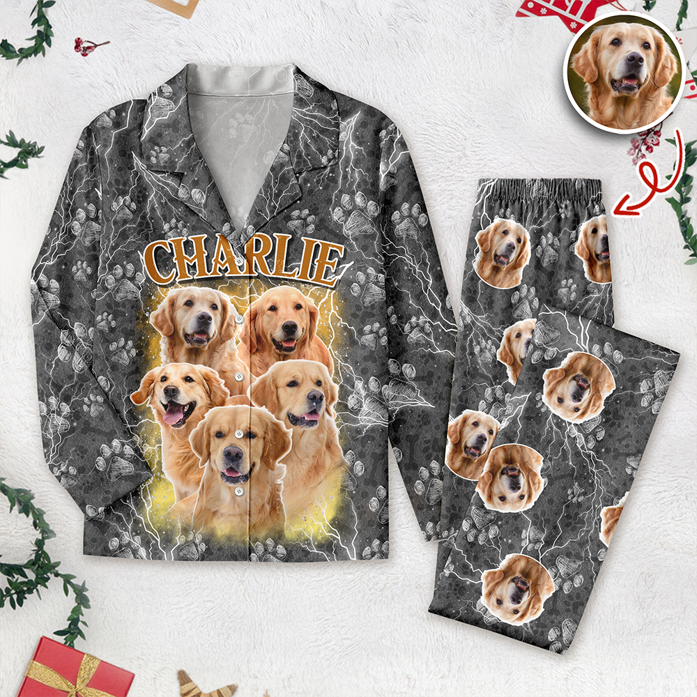 Custom Vintage Bootleg Pet Pajama Set – Personalized Pet Photo Dog Pajamas, Custom Dog Portrait Sleepwear, 90s Retro Lounge Set LM32 897369