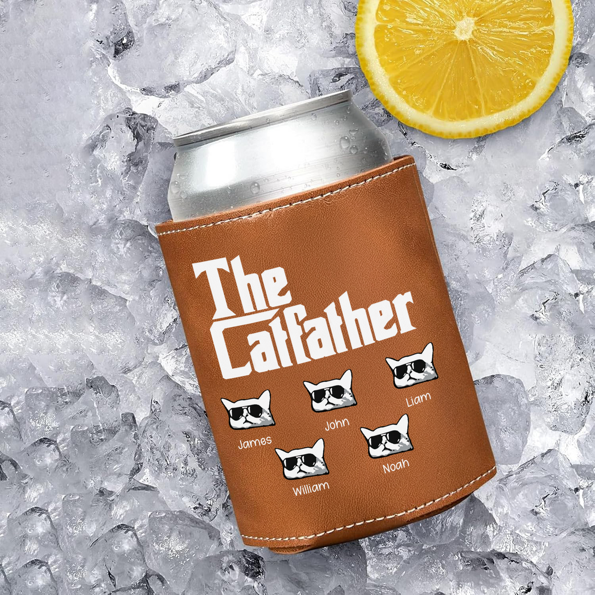 Personalized The Catfather Leather Can Cooler Holder Gift For Cat Dad HO82 894094
