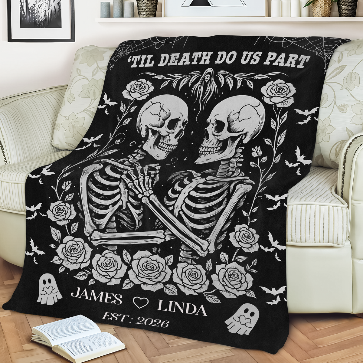 Skeleton Couple Till Death Blanket - Personalized Skeleton Lovers Wedding Blanket, Spooky Goth Couple Halloween Gift HO82 903166