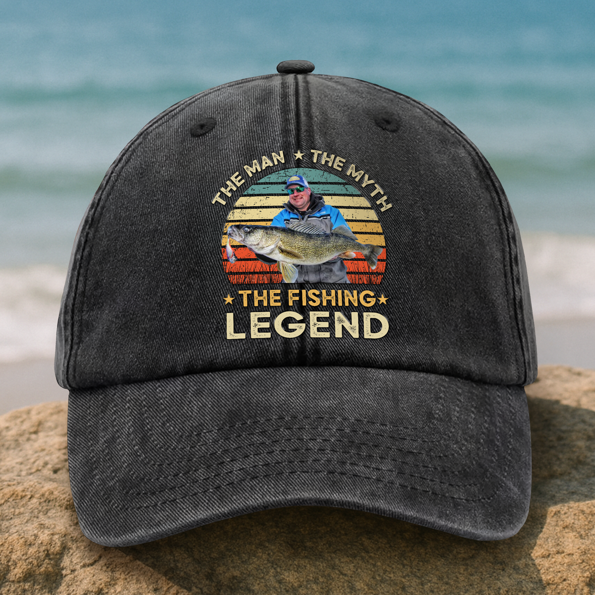 Custom Photo The Fishing Legend Washed Denim Baseball Cap HA75 892488