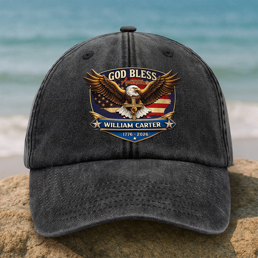 Personalized Patriotic 250th Anniversary God Bless America Eagle 1776–2026 Washed Denim Baseball Cap HA75 921022