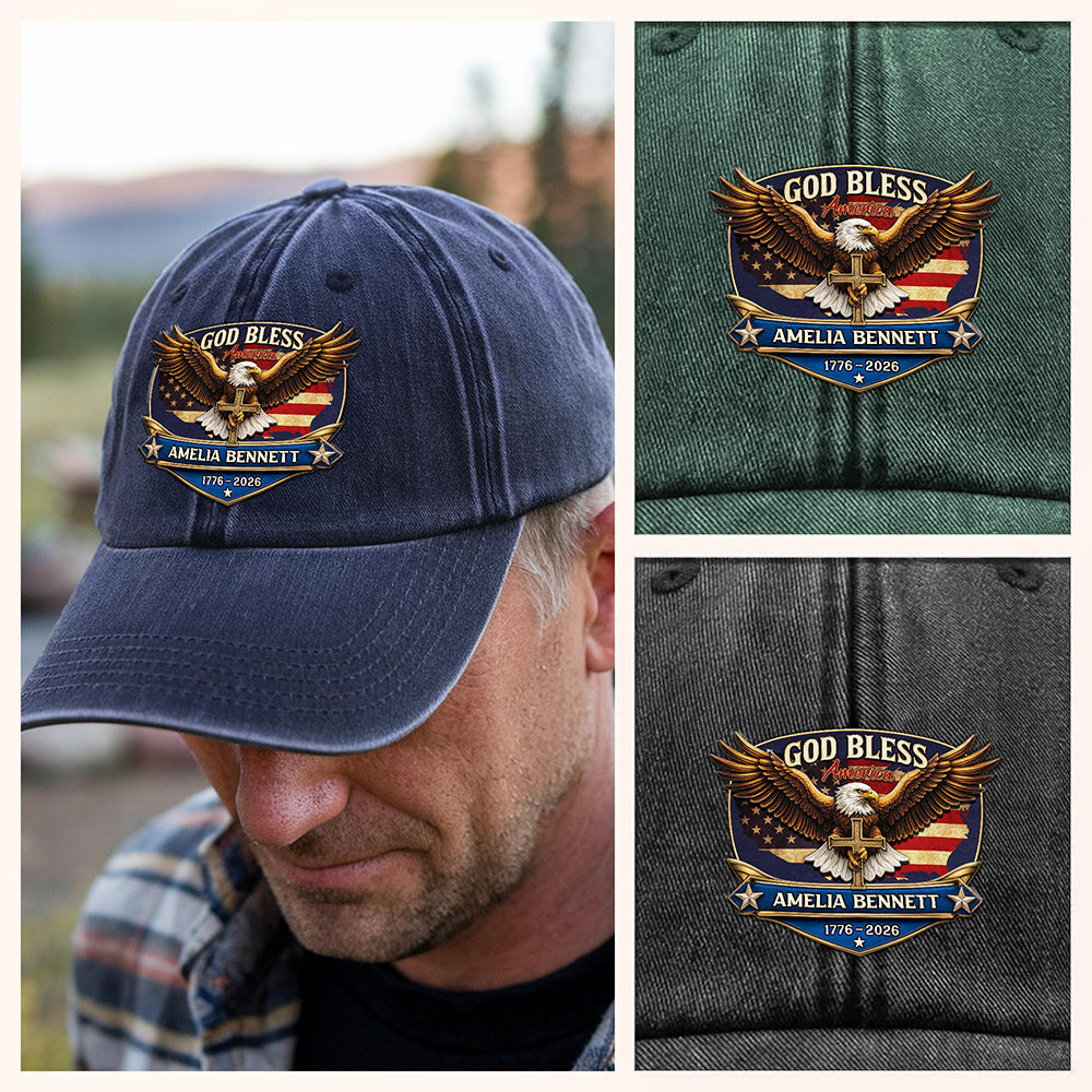 Personalized Patriotic 250th Anniversary God Bless America Eagle 1776–2026 Washed Denim Baseball Cap HA75 921022