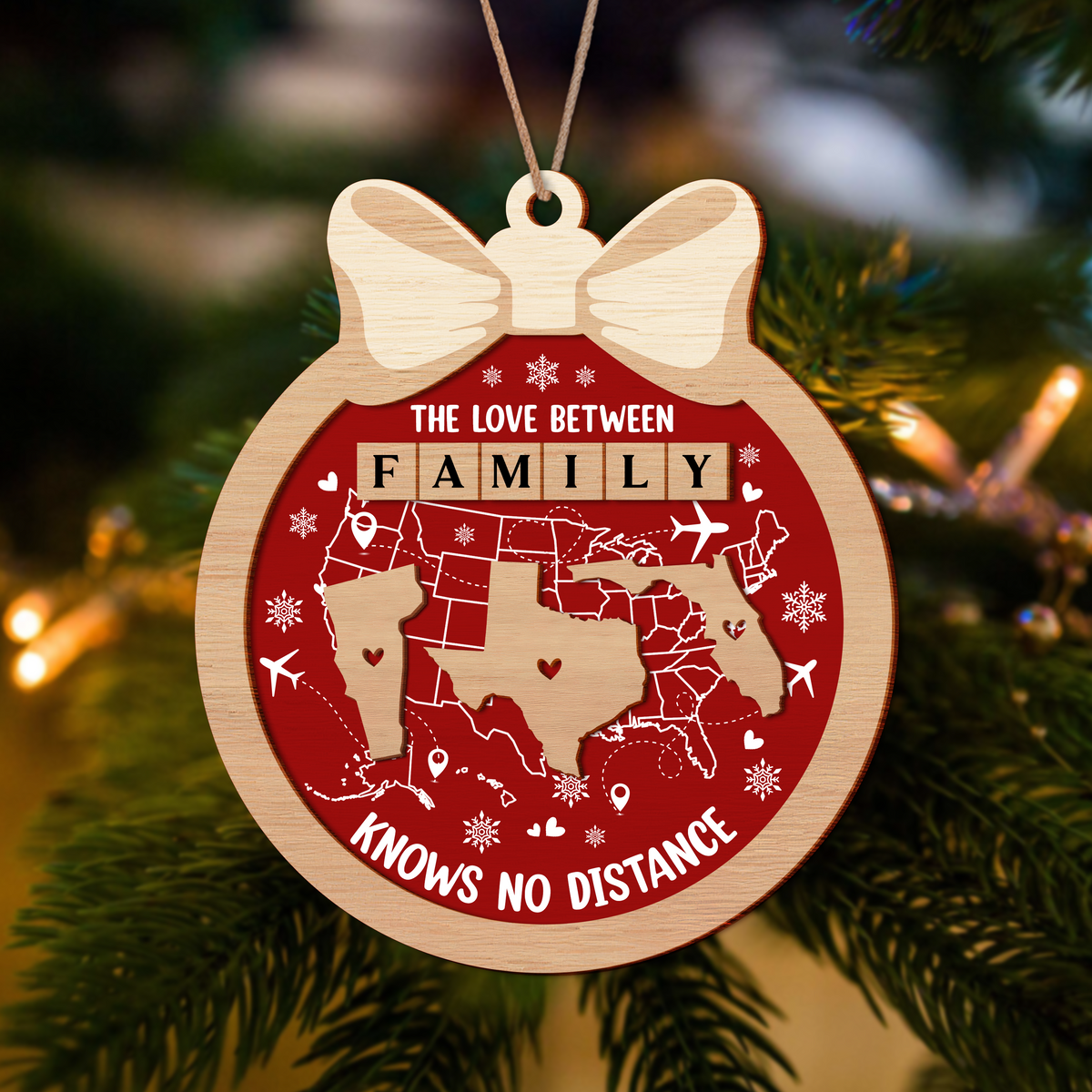 Custom Family Ornament, Family Love Knows No Distance 2 Layer Wooden Ornament LM32 895405