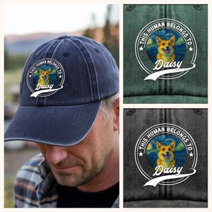 Custom Photo This Human Belongs To Dog Van Gogh Style Washed Denim Baseball Cap HA75 897214