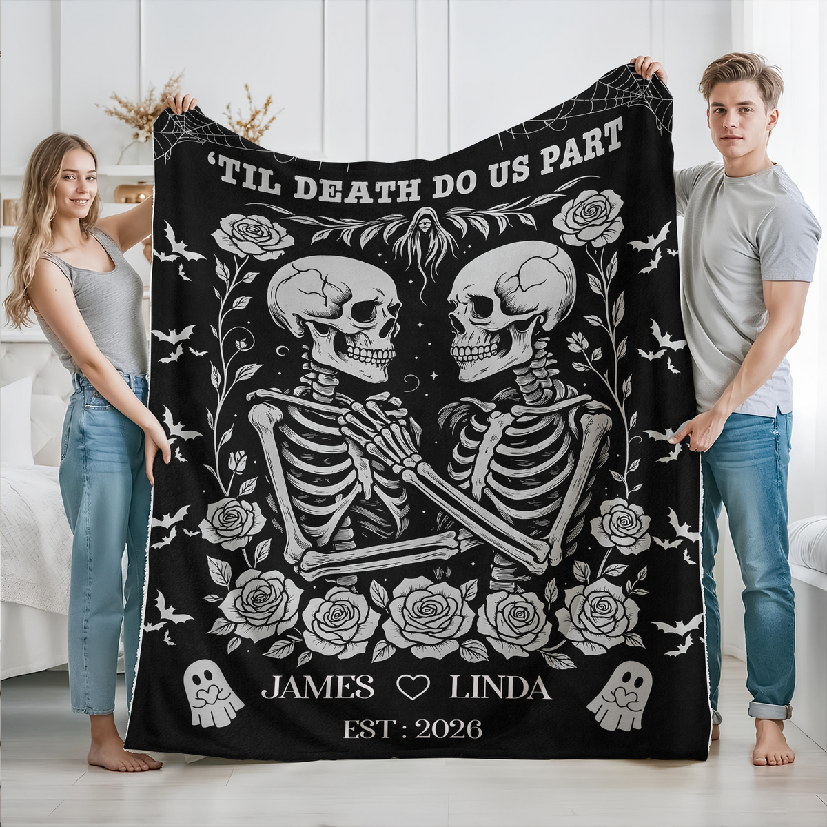 Skeleton Couple Till Death Blanket - Personalized Skeleton Lovers Wedding Blanket, Spooky Goth Couple Halloween Gift HO82 903166