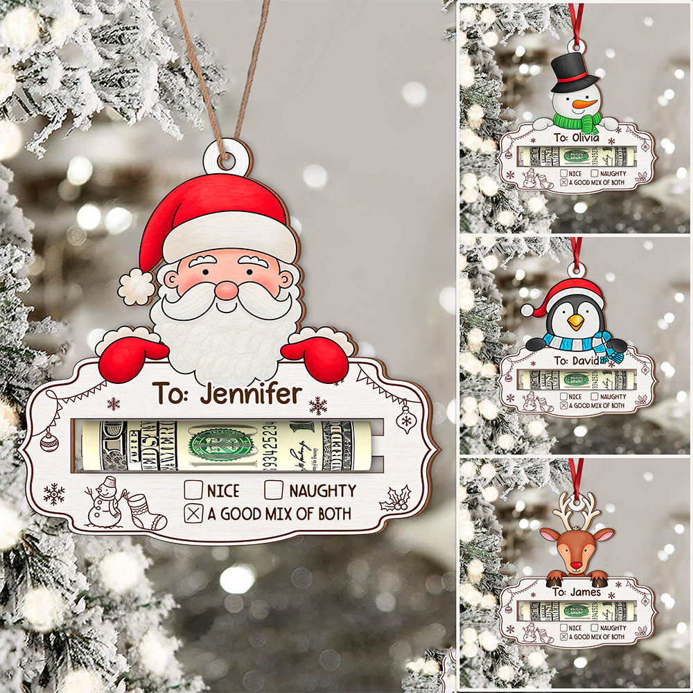 Custom Name And Character Christmas Wooden Money Holder Ornament, Personalized Holiday Cash Gift For Family TH10 171231