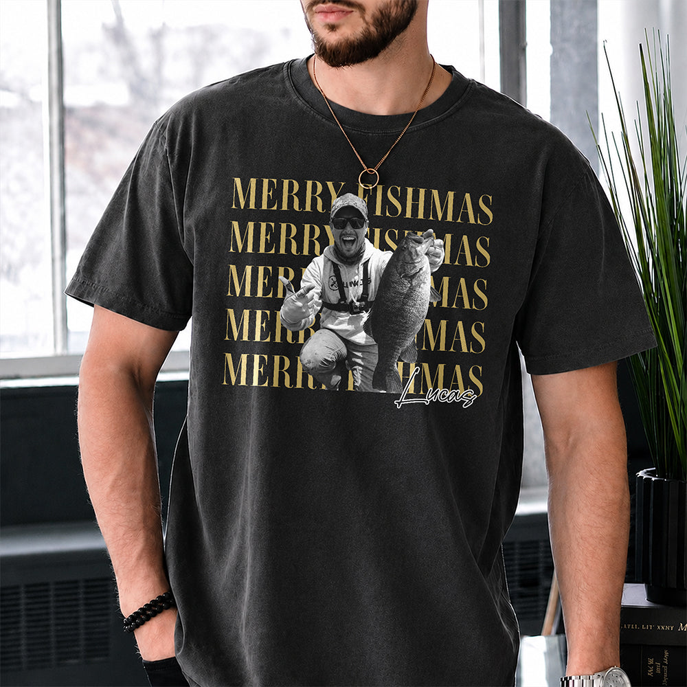 Personalized Vintage Photo Merry Fishmas Comfort Shirt Gift For Fishing Lovers HA75 922116