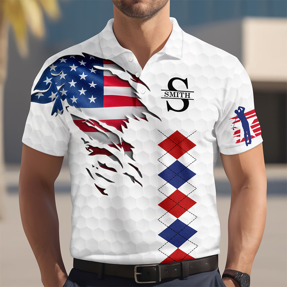 Personalized Golf American Flag Polo Shirt, White Golf Texture American Flag, Patriotic Golf Gift For Men HO82 900826