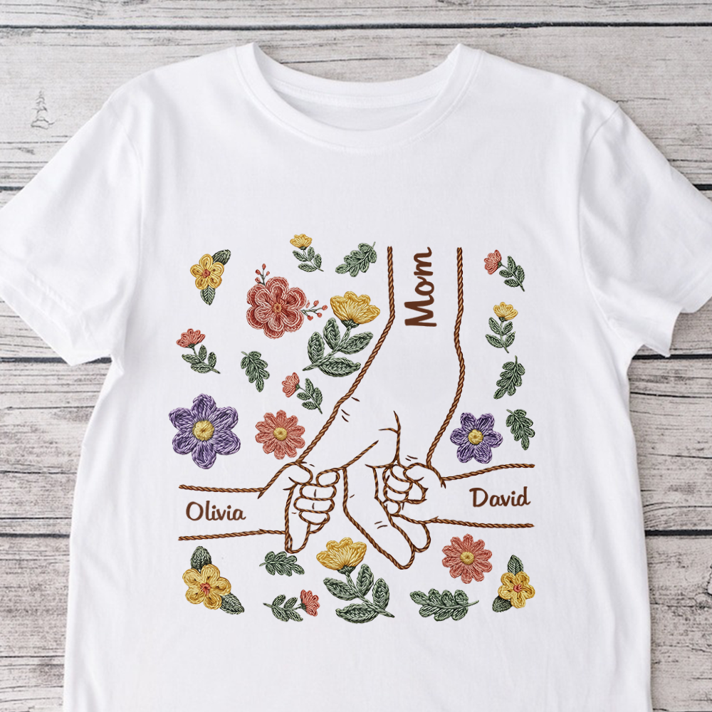 Personalized Mom Holding Hand Shirt with Kids Names, Floral Embroidery Effect Style T-Shirt, Mother's Day Gift CH07 911184