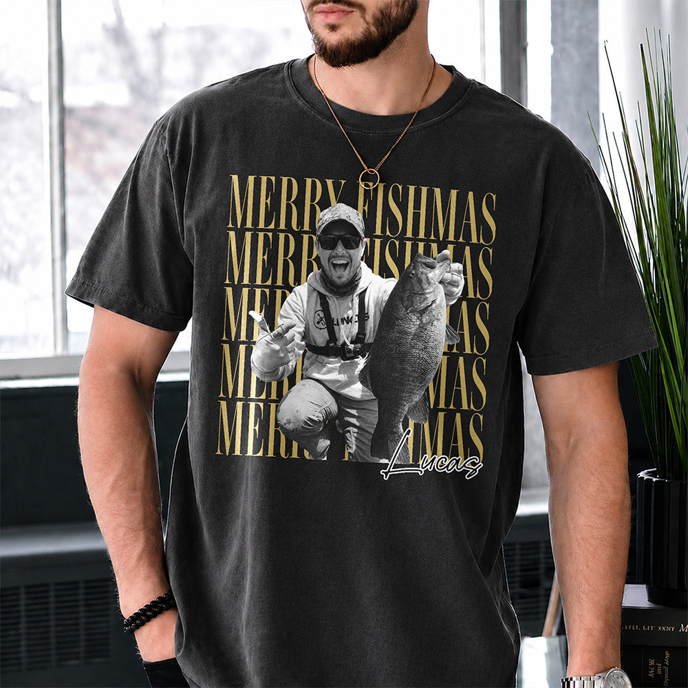 Personalized Vintage Photo Merry Fishmas Comfort Shirt Gift For Fishing Lovers HA75 922116