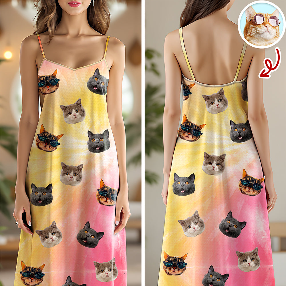 Custom Cat Photo Tie Dye Background Hawaii Cami Maxi Dress HO82 901980