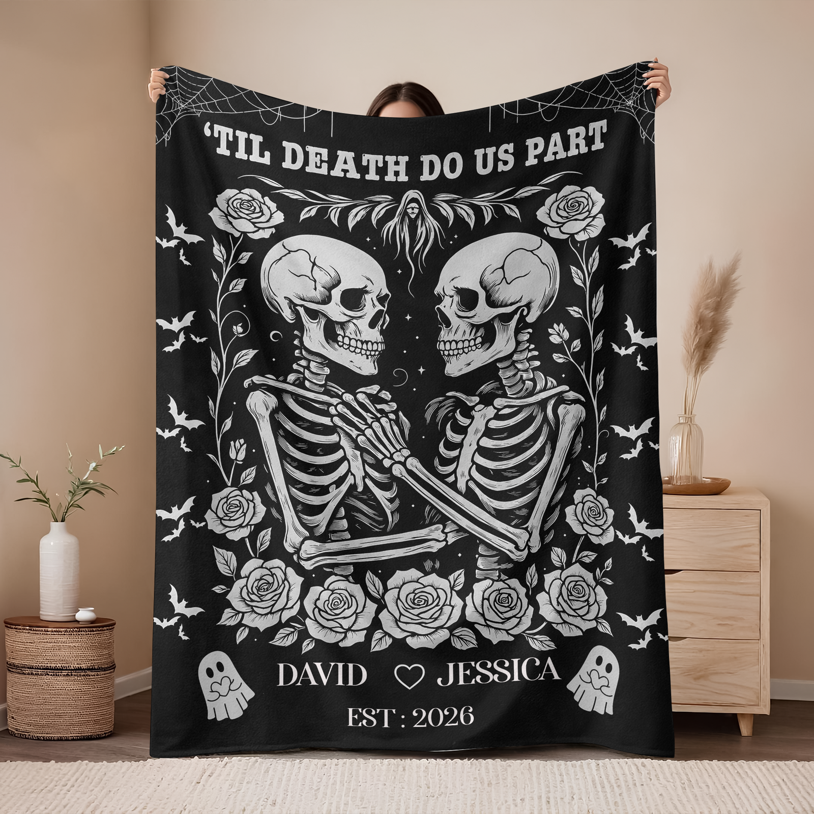 Skeleton Couple Till Death Blanket - Personalized Skeleton Lovers Wedding Blanket, Spooky Goth Couple Halloween Gift HO82 903166