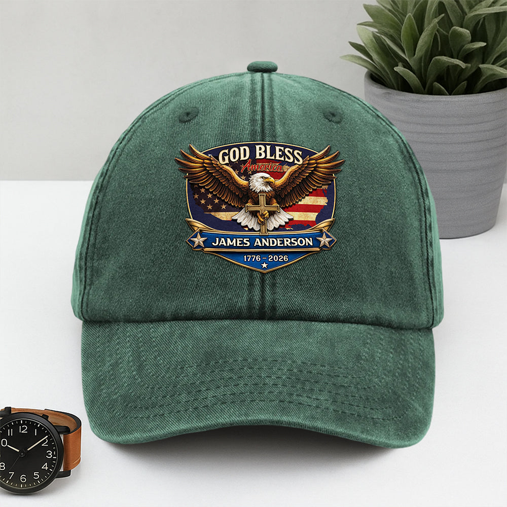 Personalized Patriotic 250th Anniversary God Bless America Eagle 1776–2026 Washed Denim Baseball Cap HA75 921022