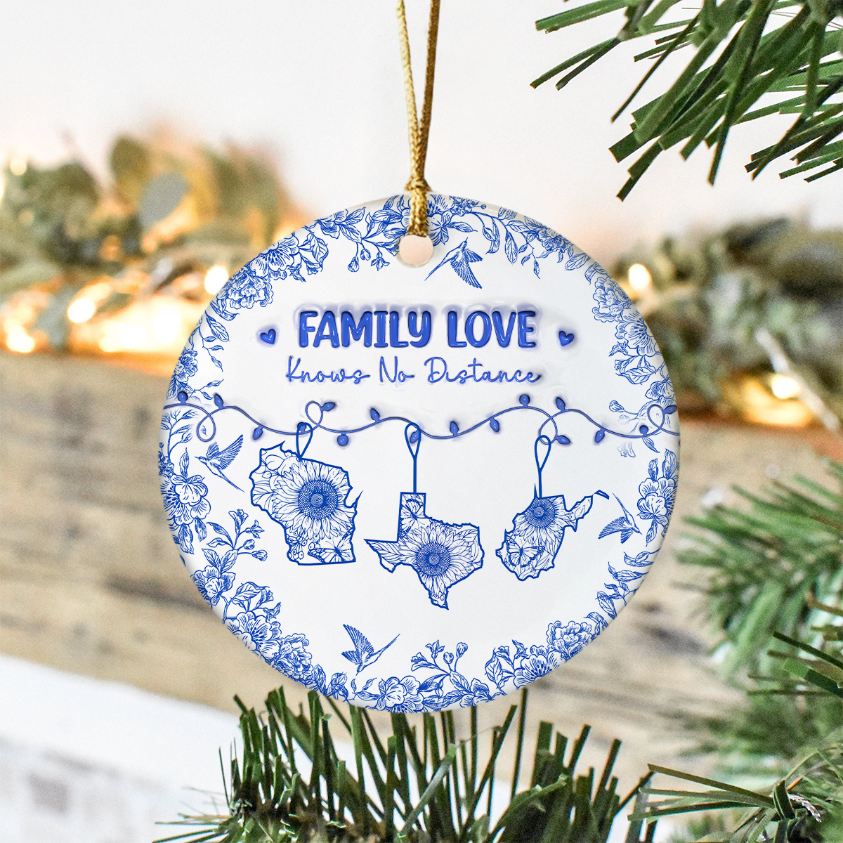 Personalized Family Love Knows No Distance Toile De Jouy Style Ceramic Ornament HO82 894834