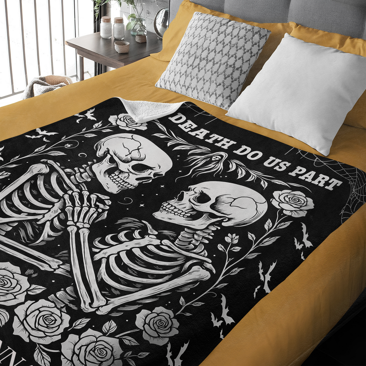 Skeleton Couple Till Death Blanket - Personalized Skeleton Lovers Wedding Blanket, Spooky Goth Couple Halloween Gift HO82 903166