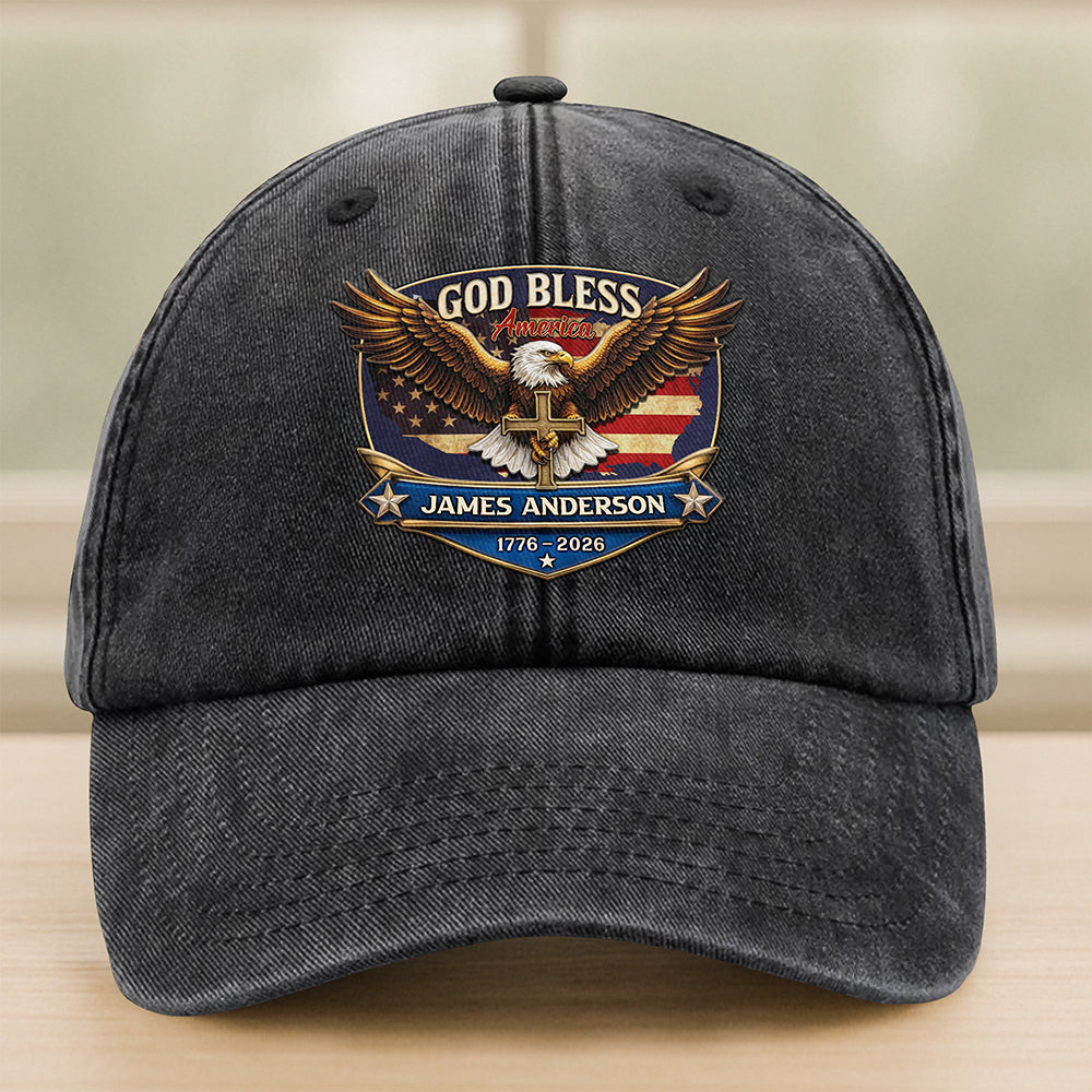 Personalized Patriotic 250th Anniversary God Bless America Eagle 1776–2026 Washed Denim Baseball Cap HA75 921022