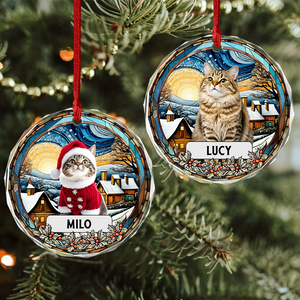 Custom Photo and Name Christmas Cat Circle Glass Ornament HA75 897244