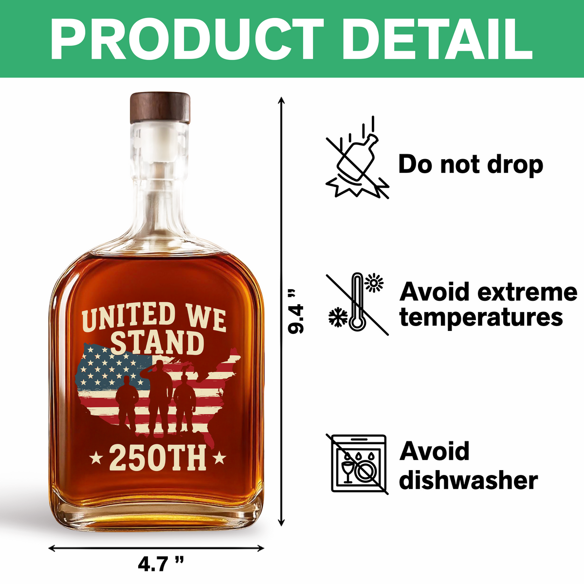 United We Stand 250th Anniversary USA Veteran Whiskey Bottle HA75 897308