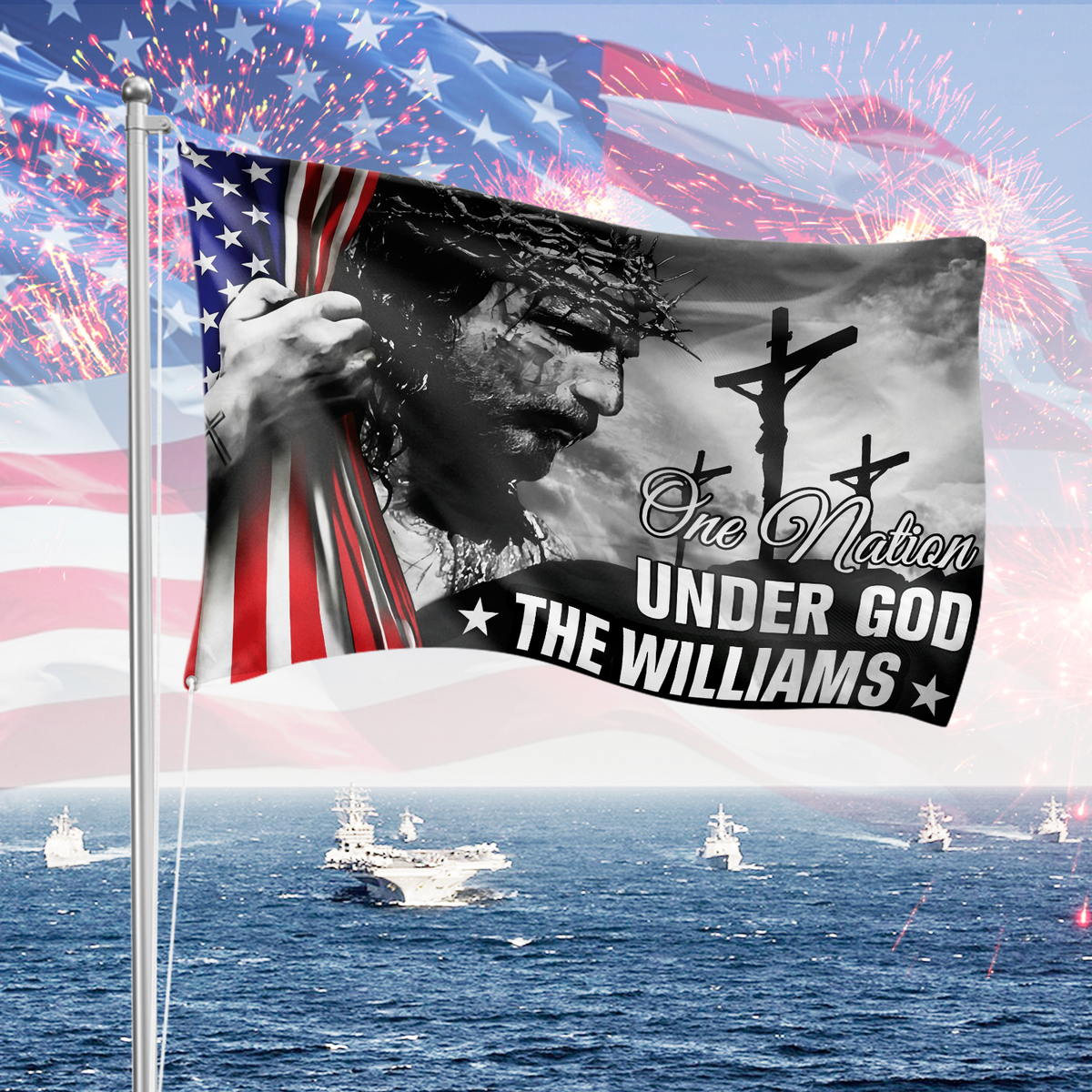 One Nation Under God With Family Name - Personalized Banner House Flag LM32 897217