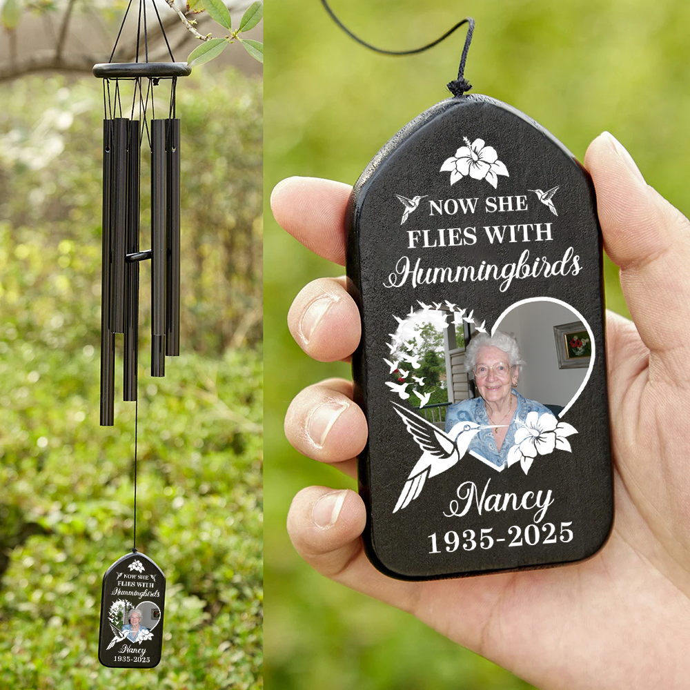 Custom Photo Now She Flies With Hummingbirds Memorial Wind Chimes HO82 893632