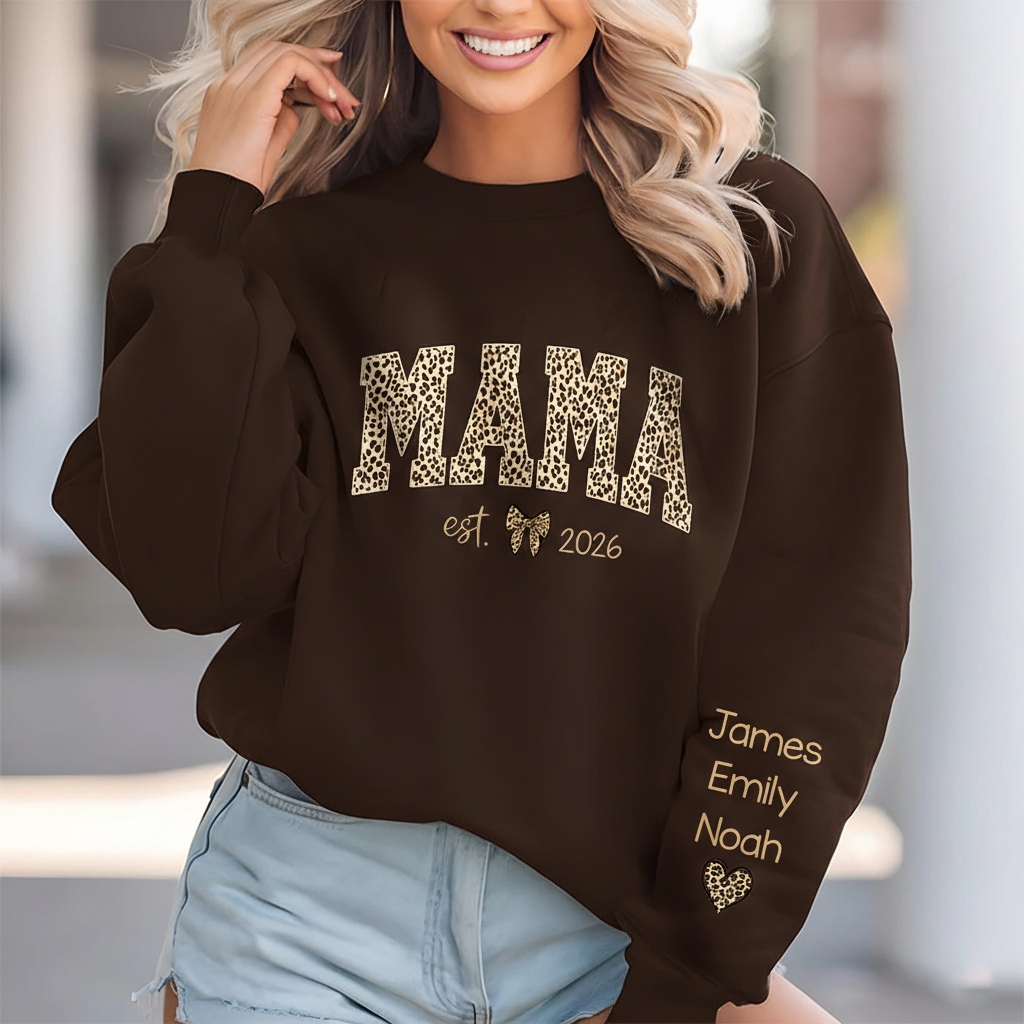 Custom Kid Name Leopard Mama Sleeve Printed Sweatshirt - Gift For Mom, Mother's Day HO82 902192