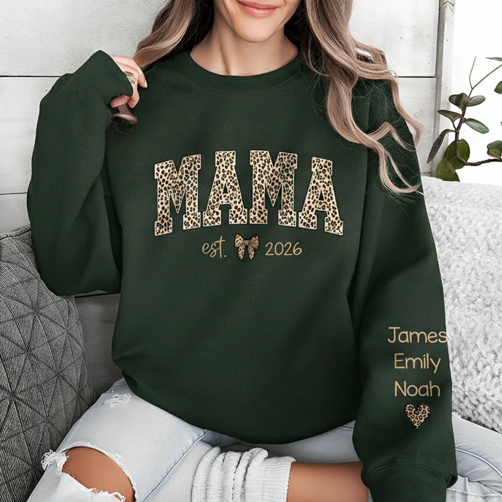 Custom Kid Name Leopard Mama Sleeve Printed Sweatshirt - Gift For Mom, Mother's Day HO82 902192