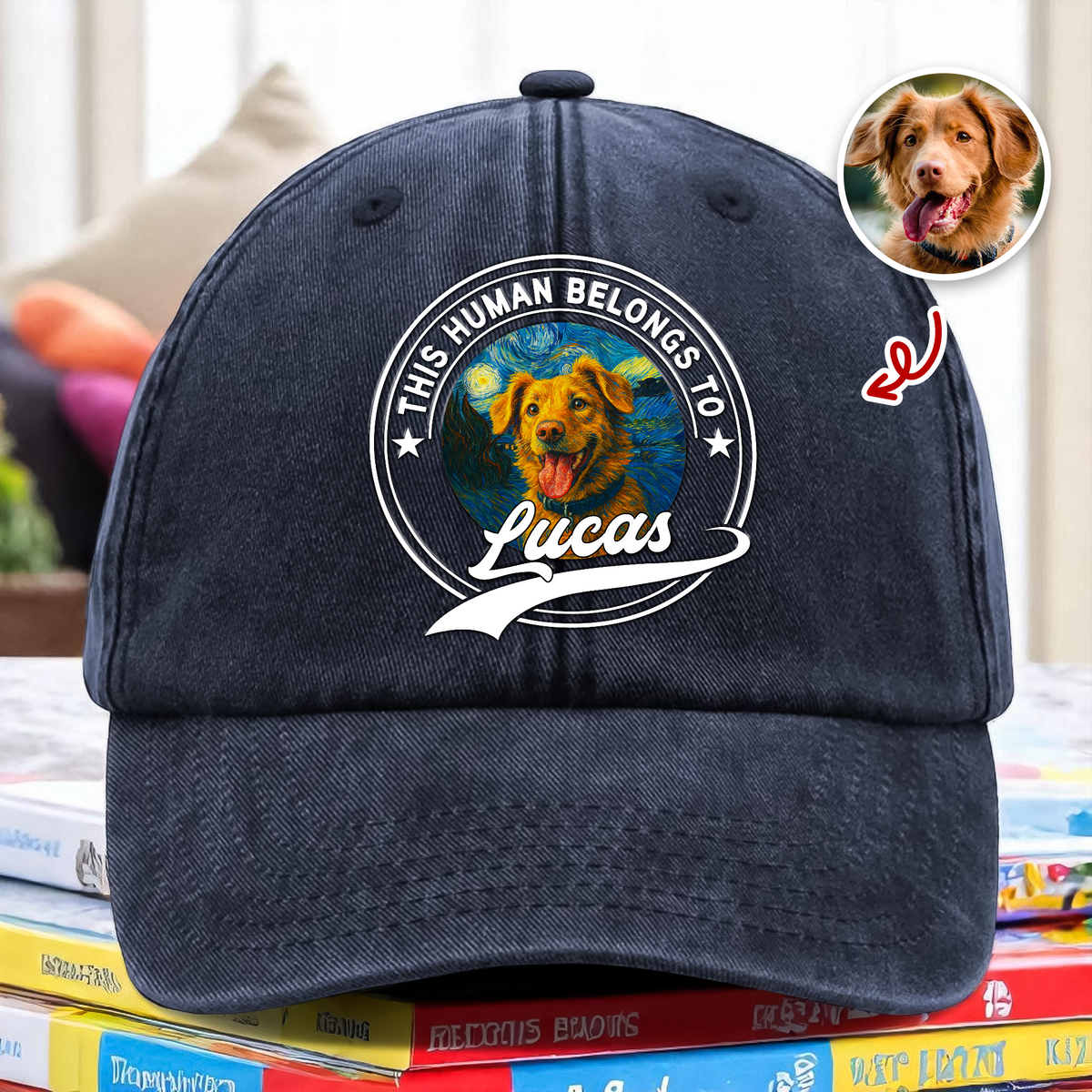 Custom Photo This Human Belongs To Dog Van Gogh Style Washed Denim Baseball Cap HA75 897214