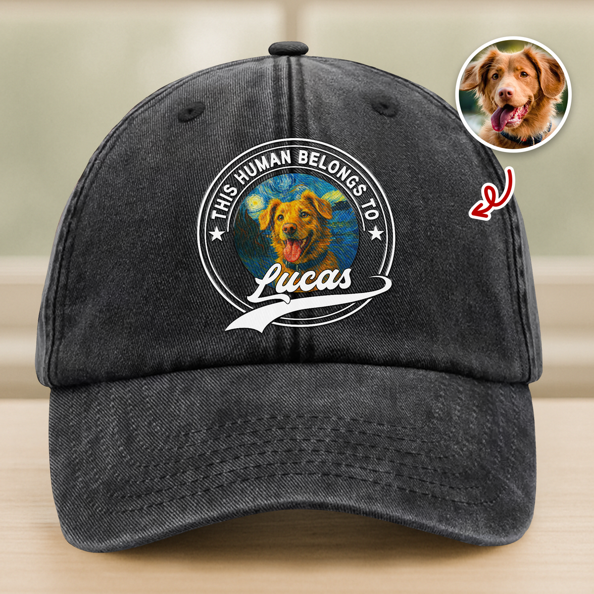 Custom Photo This Human Belongs To Dog Van Gogh Style Washed Denim Baseball Cap HA75 897214