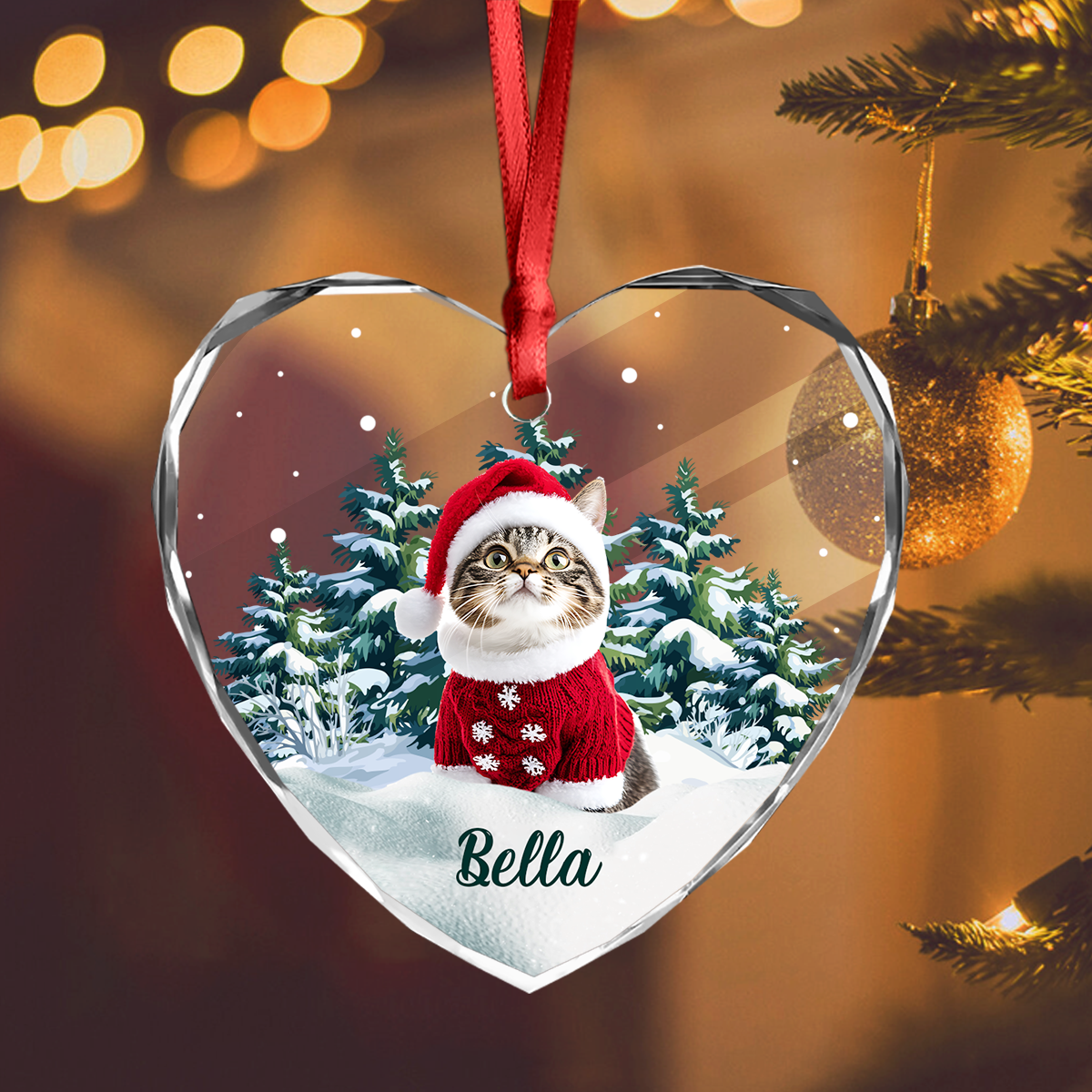 Custom Photo Cat Heart Shaped Glass Ornament For Christmas HA75 897242