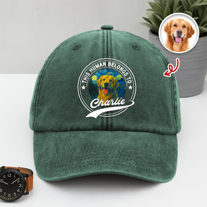 Custom Photo This Human Belongs To Dog Van Gogh Style Washed Denim Baseball Cap HA75 897214