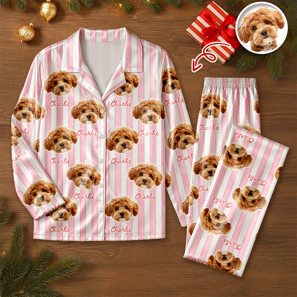 Custom Dog Photo With Stripe Personalized Satin Pajamas For Dog Lover HO82 900762