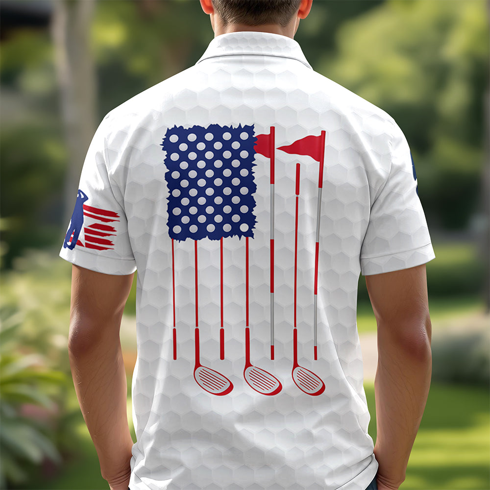 Personalized Golf American Flag Polo Shirt, White Golf Texture American Flag, Patriotic Golf Gift For Men HO82 900826