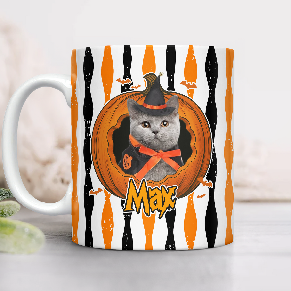 Custom Dog Cat Photo Halloween Pumpkin With Striped Pattern Mug HO82 903142