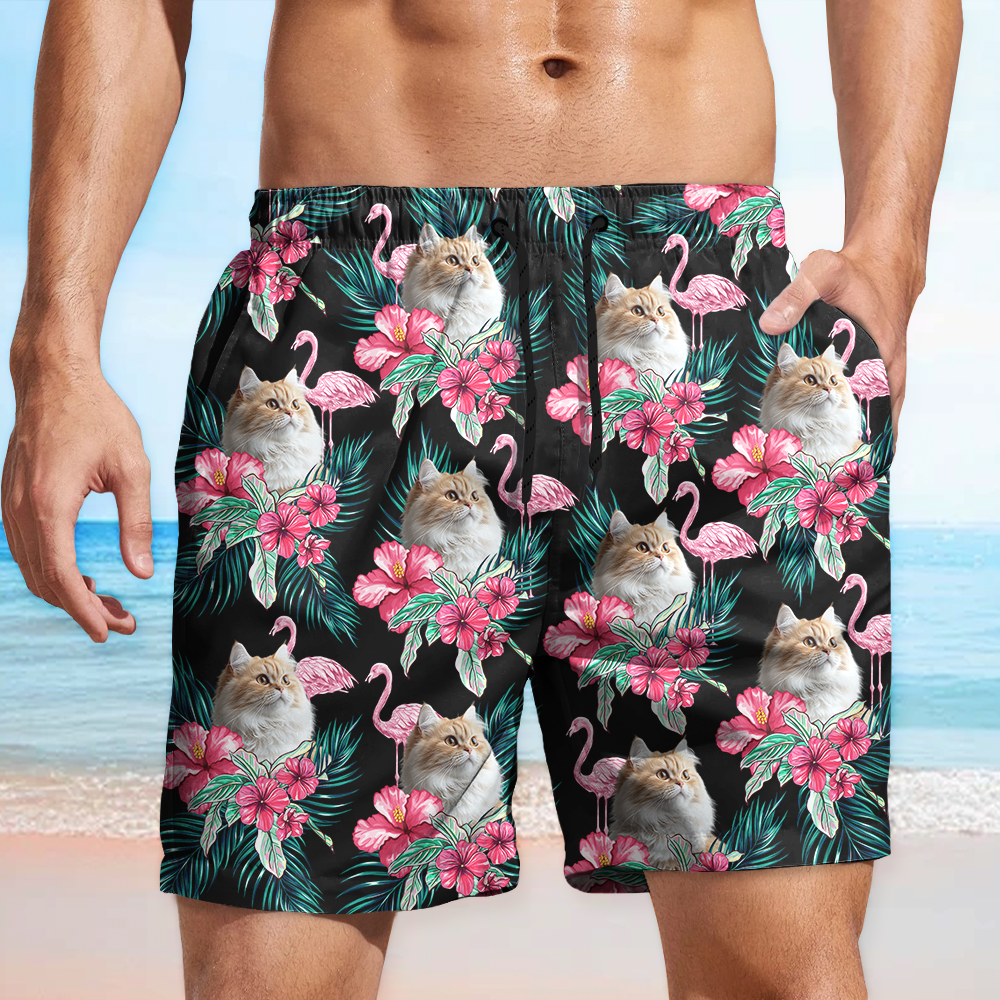 Custom Funny Photo Cat Flamingo Beach Short Summer Gift For Cat Lovers HA75 892452