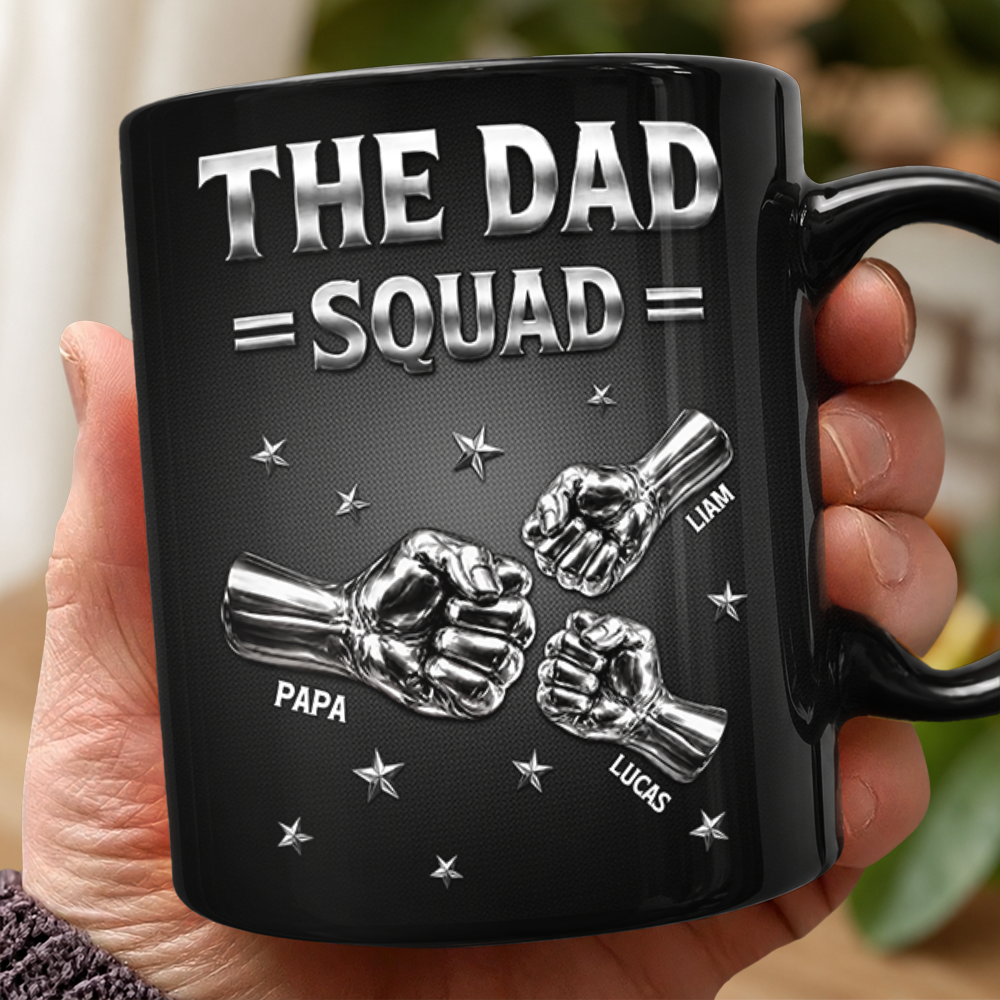 Custom Name The Dad Squad Fist Bump Black Mug - Personalized Father’s Day Gift HO82 902604