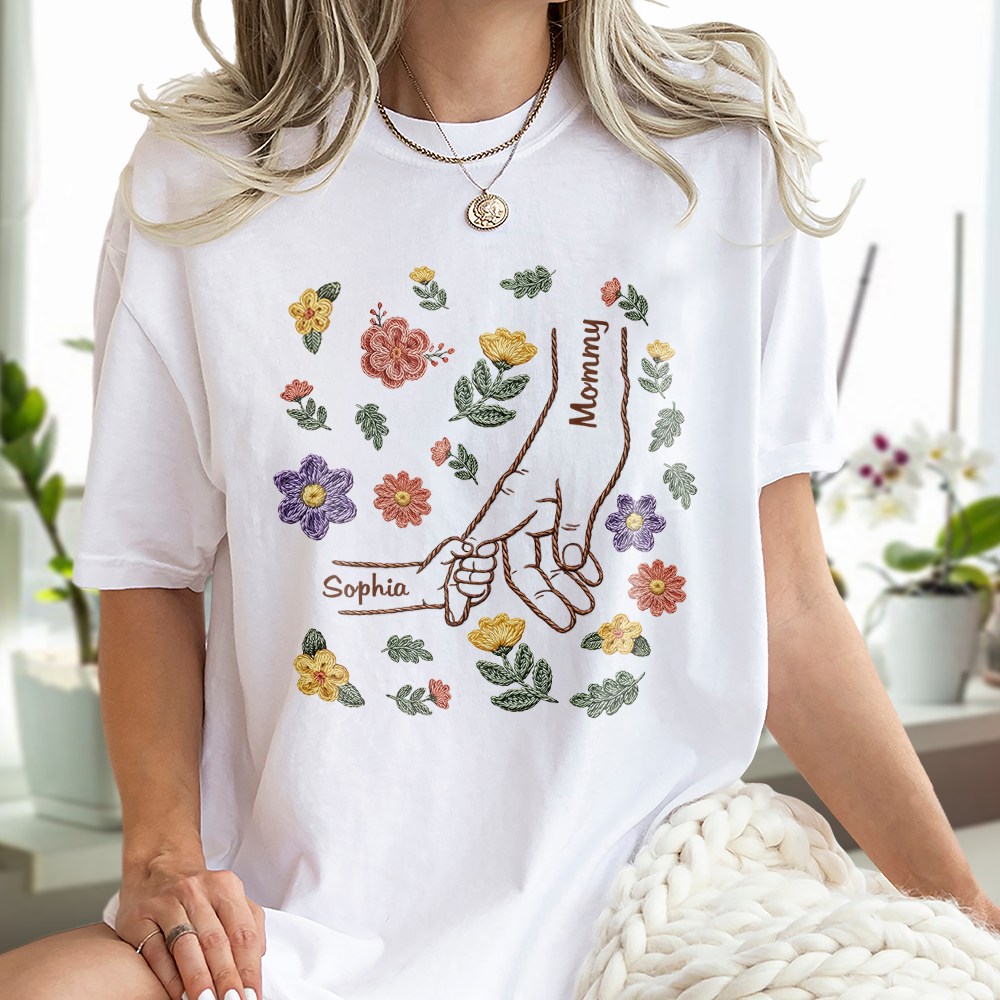 Personalized Mom Holding Hand Shirt with Kids Names, Floral Embroidery Effect Style T-Shirt, Mother's Day Gift CH07 911184
