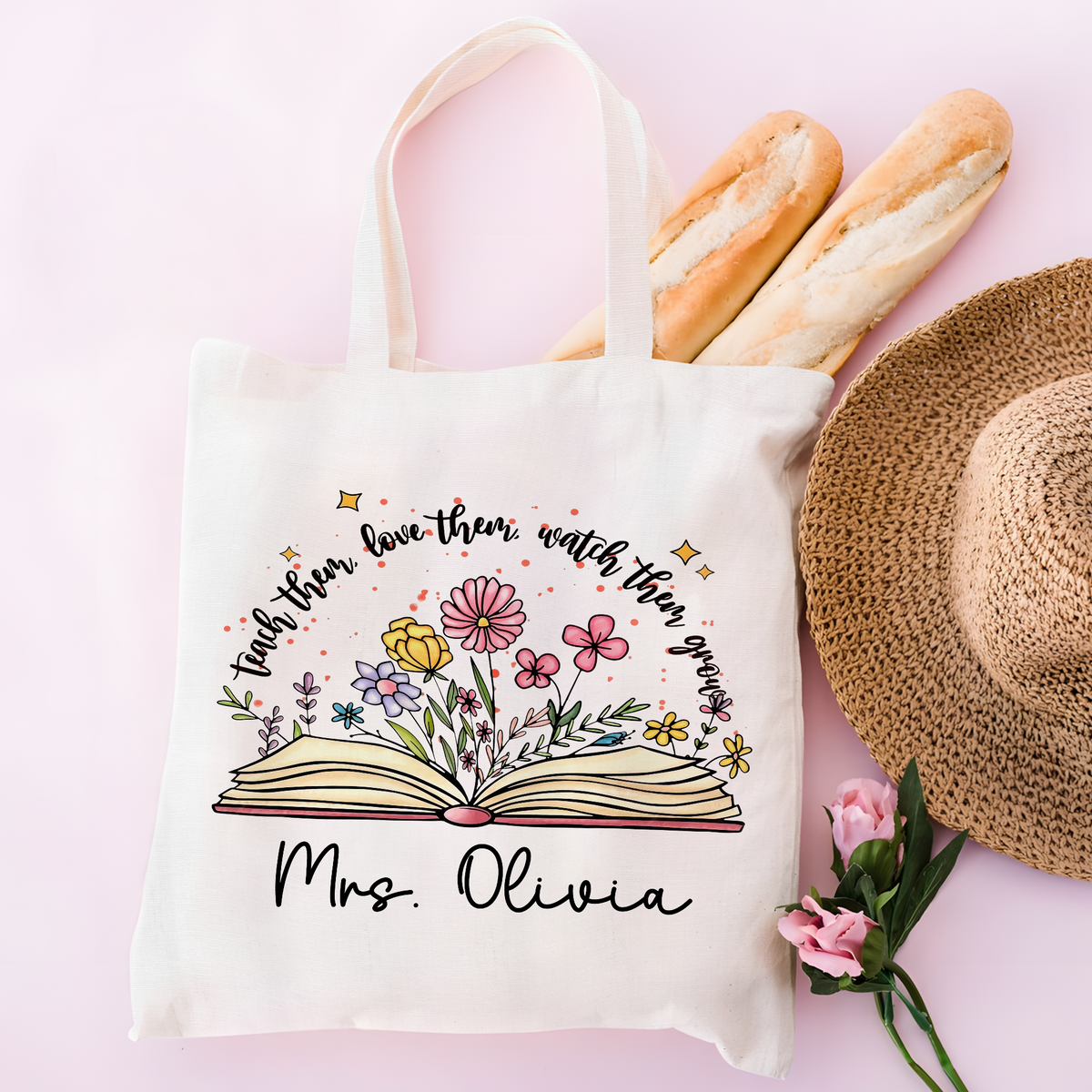 Personalized Name Teacher Appreciation With Flower and Book Tote Bag Gift For Teacher LM32 893739