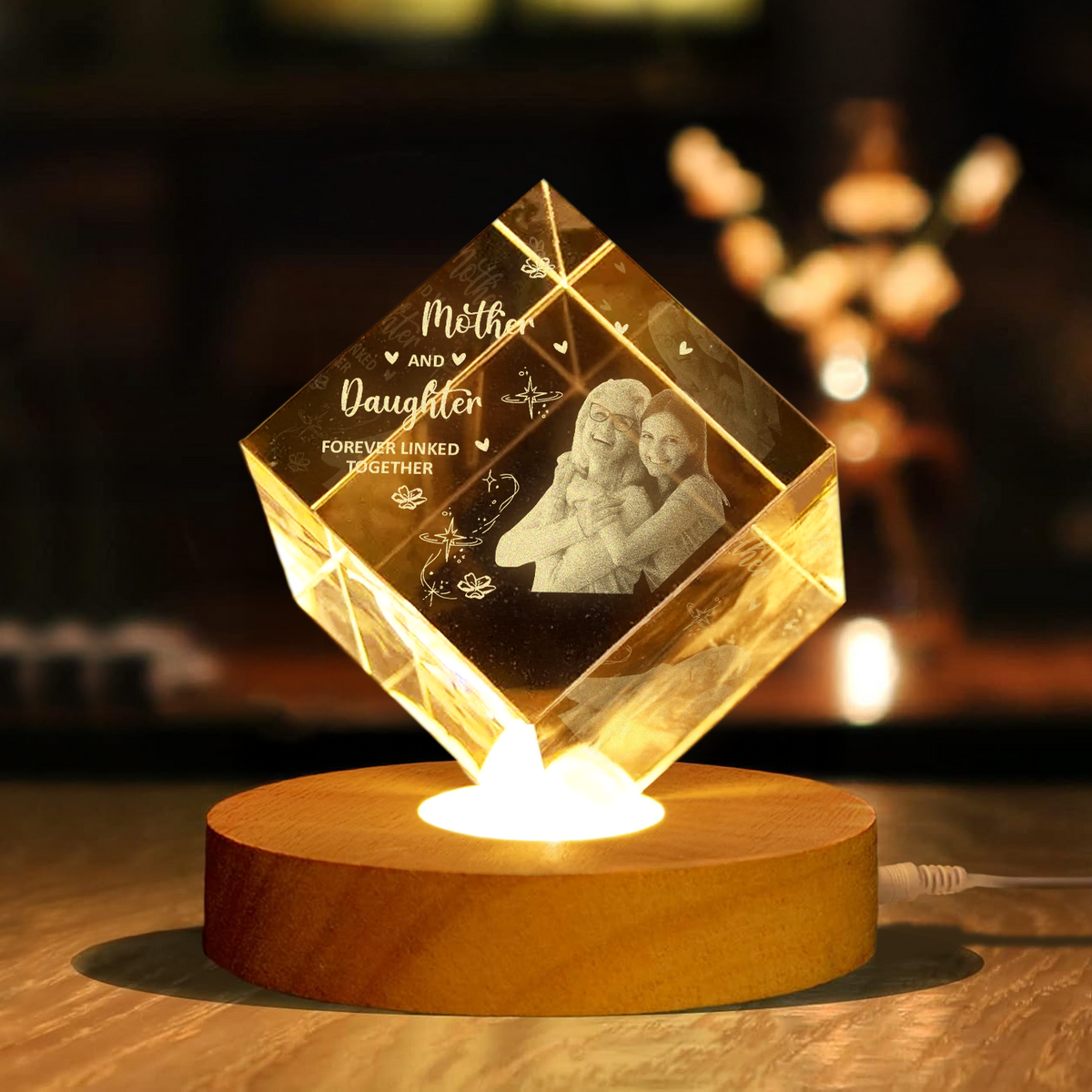 Custom Photo Mother And Daughter Forever Linked Together Engraved Crystal Photo With Light HA75 920544