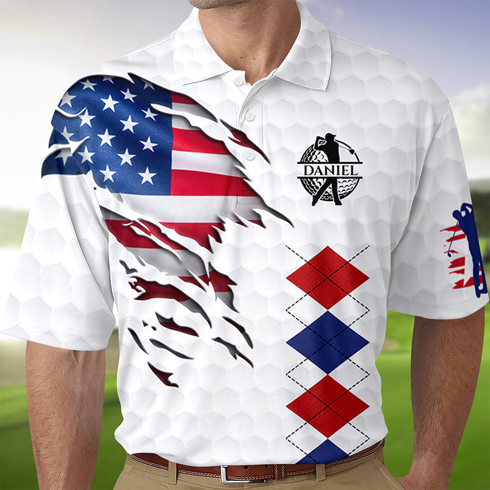 Personalized Golf American Flag Polo Shirt, White Golf Texture American Flag, Patriotic Golf Gift For Men HO82 900826