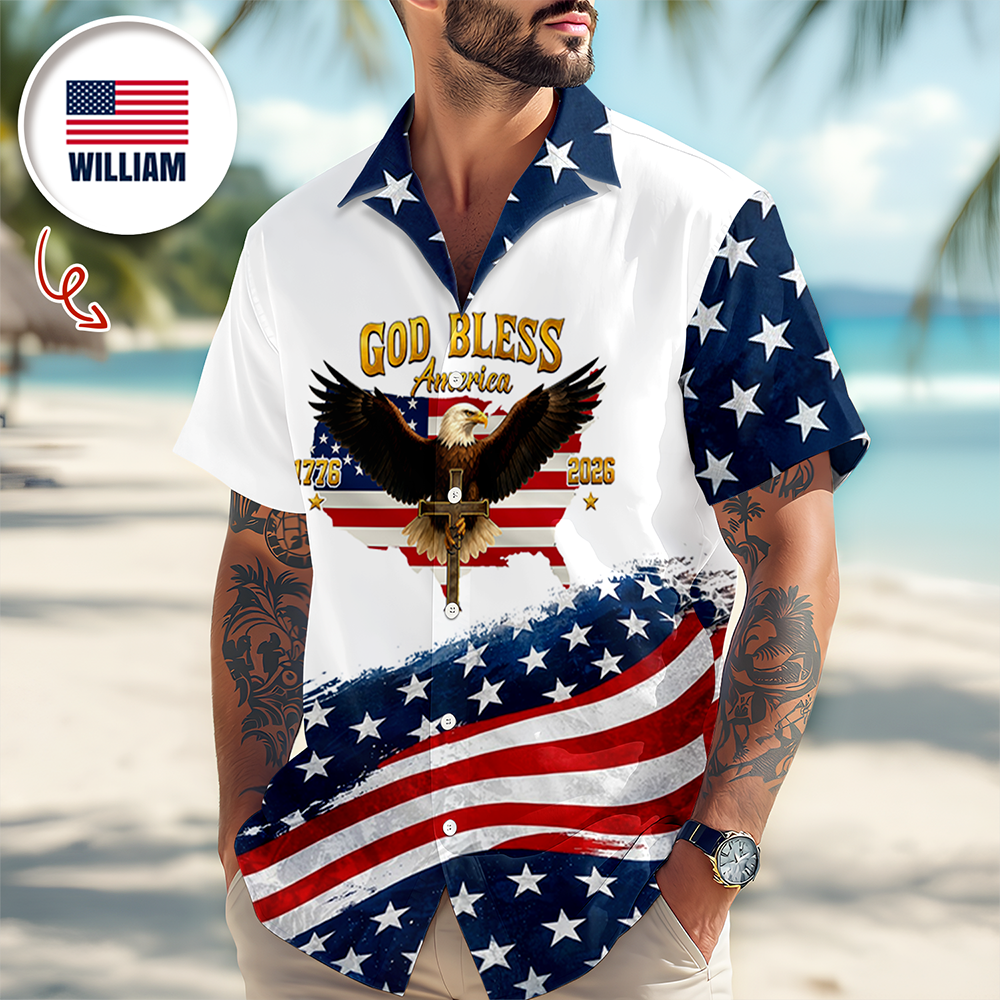 God Bless America Shirt – Personalized Name USA Flag Eagle Cross Hawaiian Shirt CH07 911292