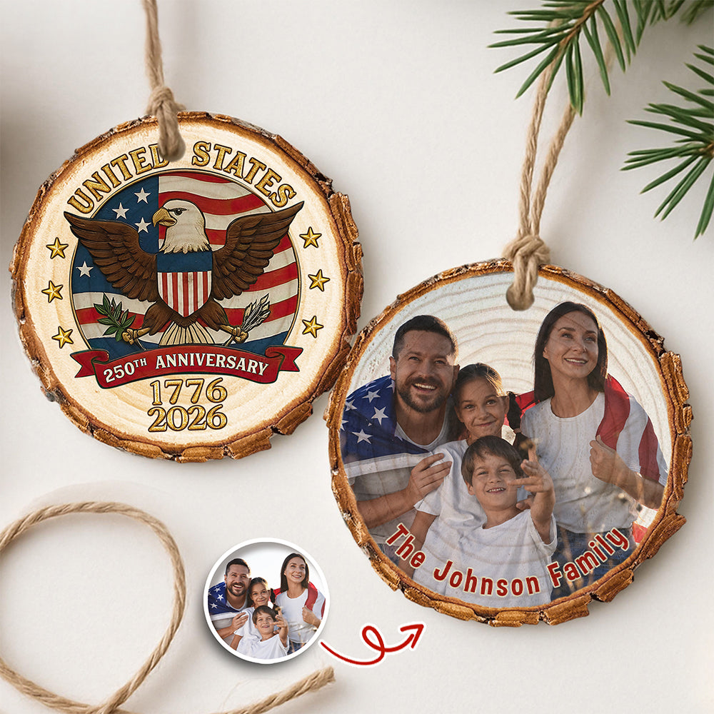 Custom Family Photo USA 250th Anniversary Eagle USA Flag Wood Slice Ornament HO82 900124