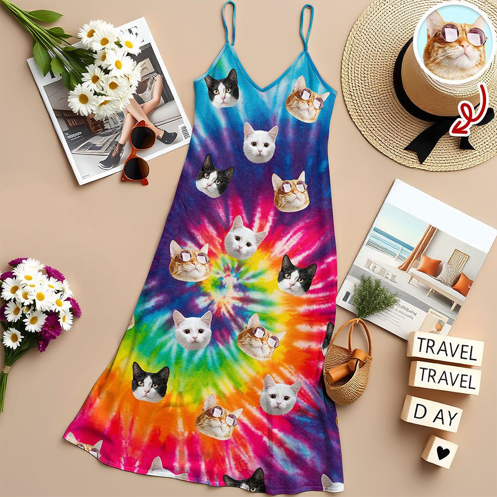 Custom Cat Photo Tie Dye Background Hawaii Cami Maxi Dress HO82 901980